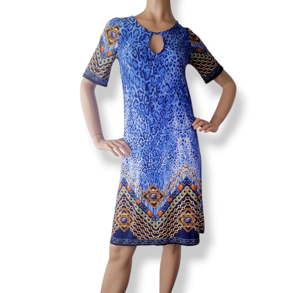 Blue Leopard & Chain Print Keyhole Cut Out Dress by Diamante Apparel